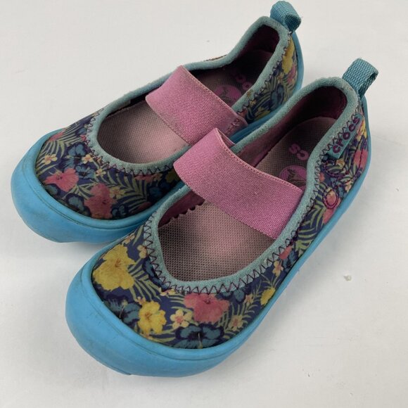 Crocs SlipOn Duet Busy Day Mary Jane Shoes Girls C9 Blue Floral Canvas Rubber - Picture 2 of 11